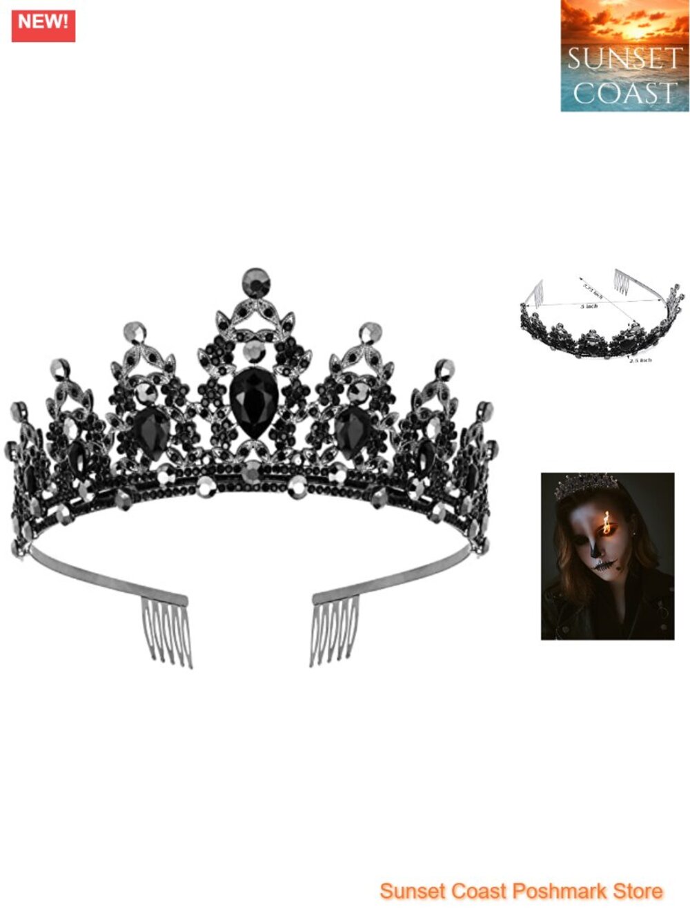 Gothic Rhinestone Crown Headpiece for Women Halloween Bridal Baroque Tiara